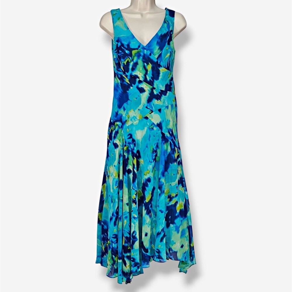 Y2K Evan Picone Blue Green Watercolor Handkerchief Hem Artsy V-Neck Midi Dress 8